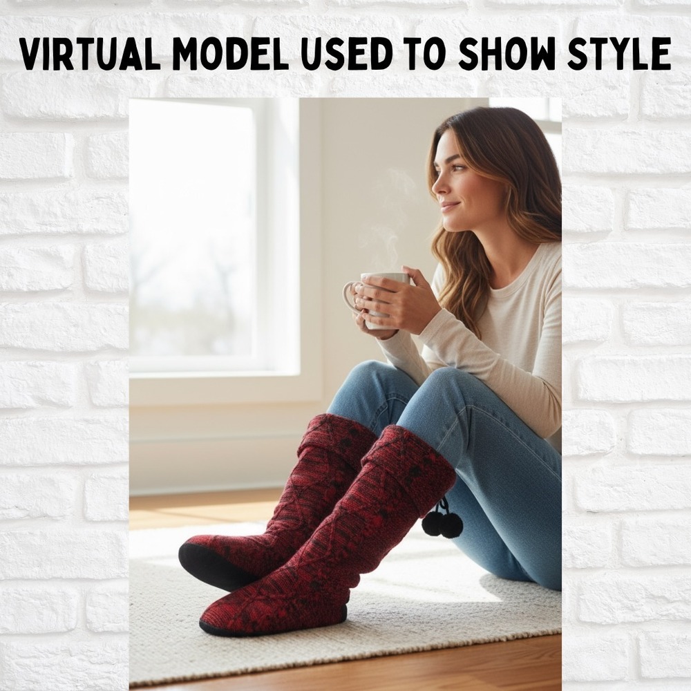 La Senza Red Knit Slipper Boots Women's 9/10 Fuzzy Pom Pom Indoor Cozy Winter